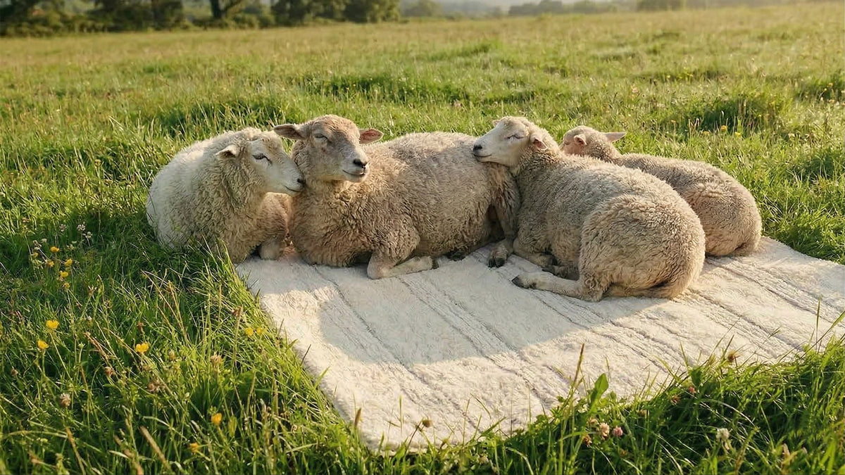 Herd of sheep resting on a rug
